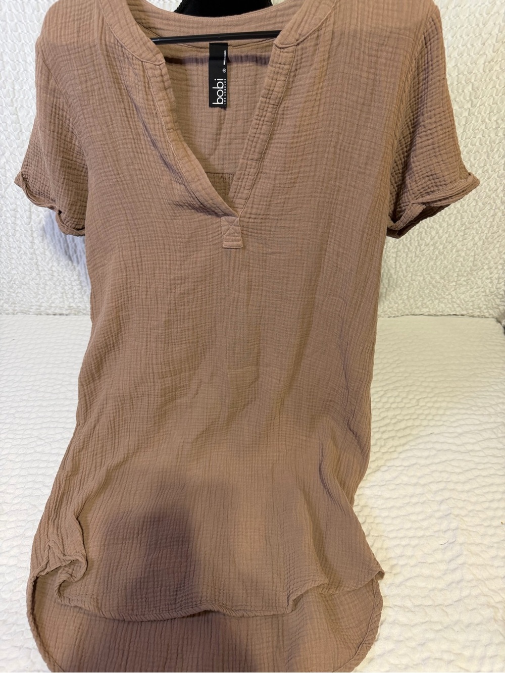 bobi Taupe Cotton Gauze V-Neck Short Sleeve Tunic